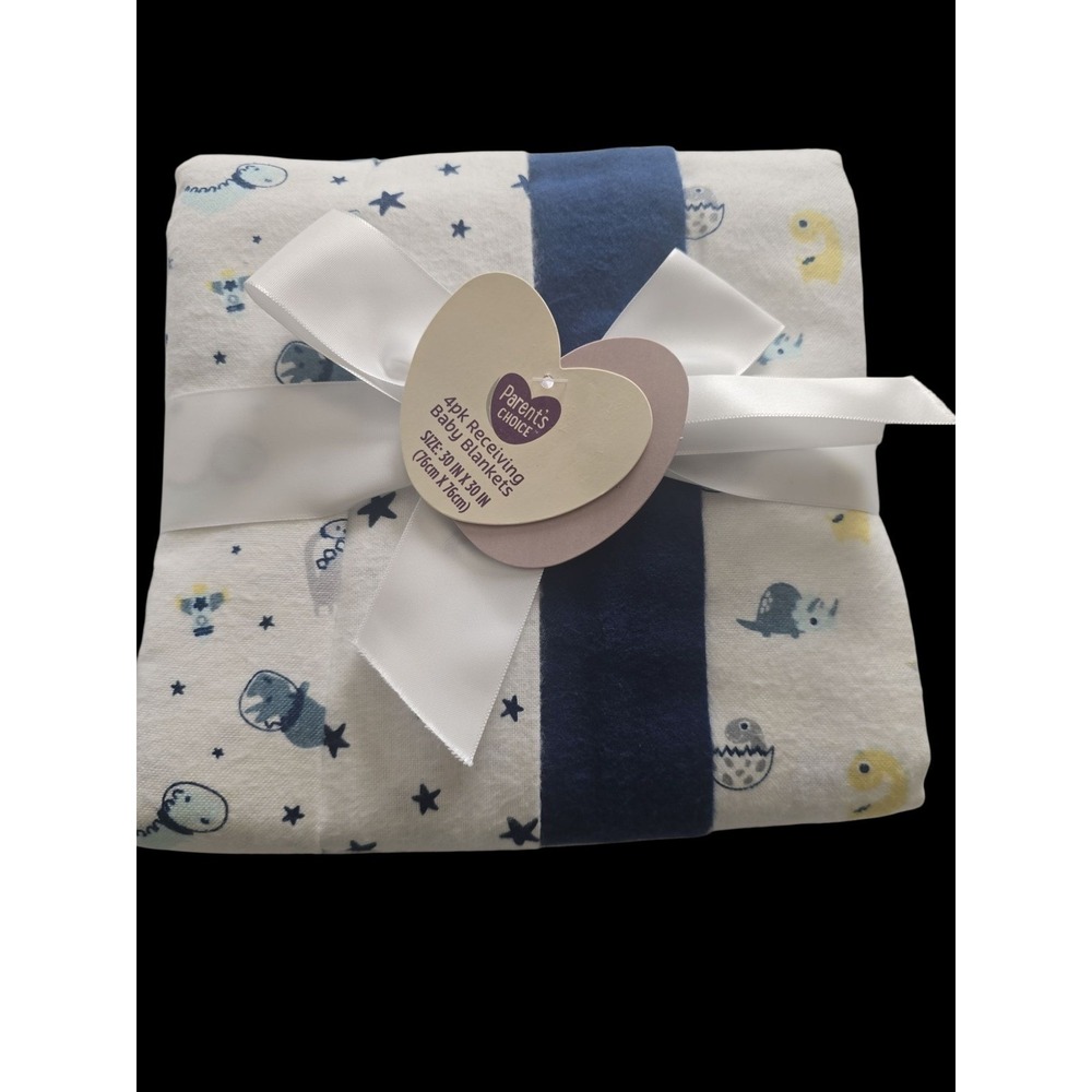 Parent's Choice 4pk Receiving Baby Blankets Dinosaur Stars Blue White 30x30 NEW
